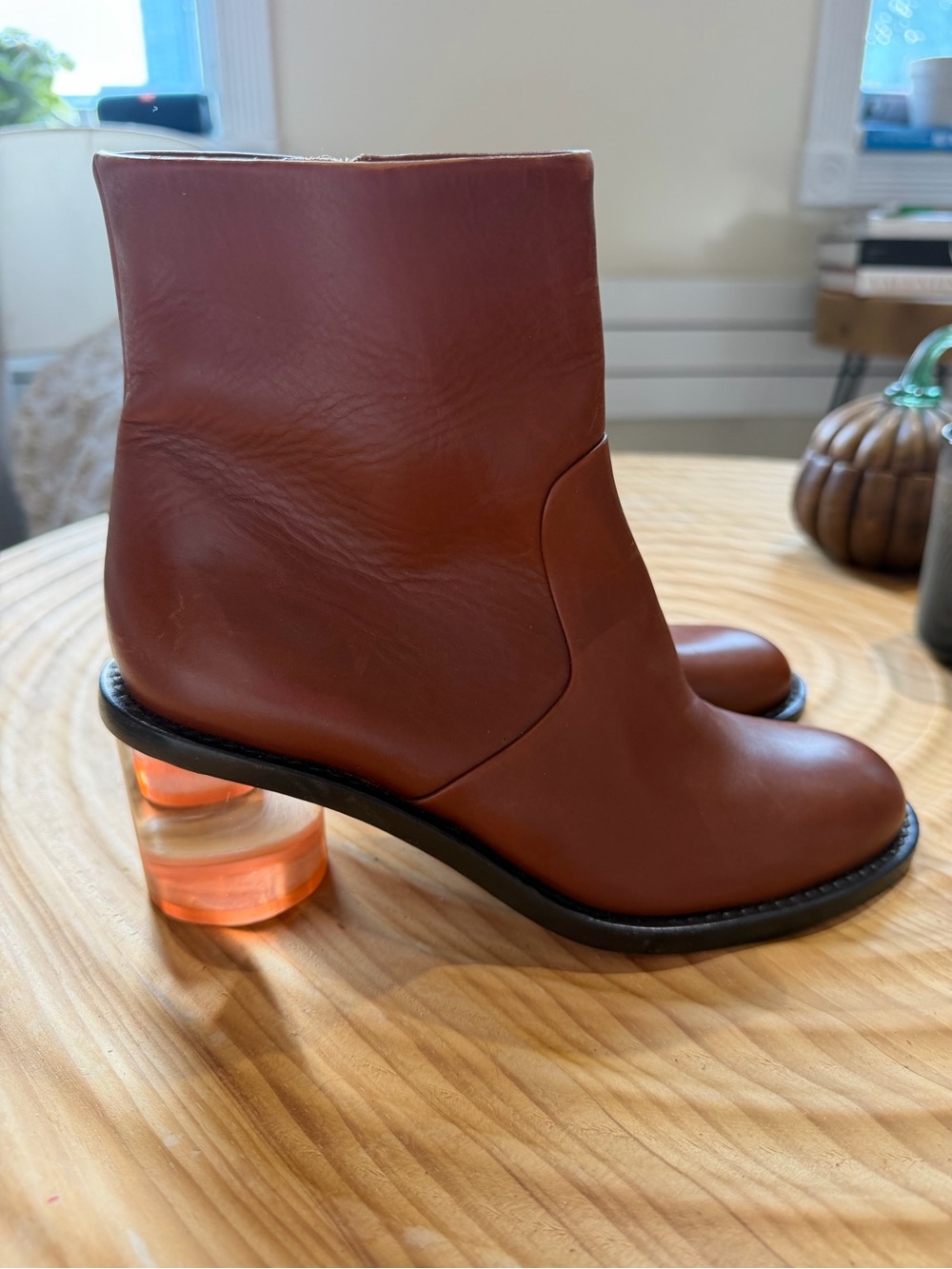 Burberry Brown Leather Ankle Boots with Transparent Orange Block Heels